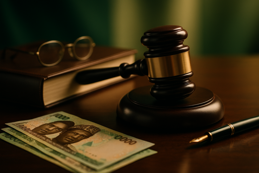 A judge's gavel and a leather-bound law book beside blurred Nigerian naira notes, illustrating bankruptcy and insolvency