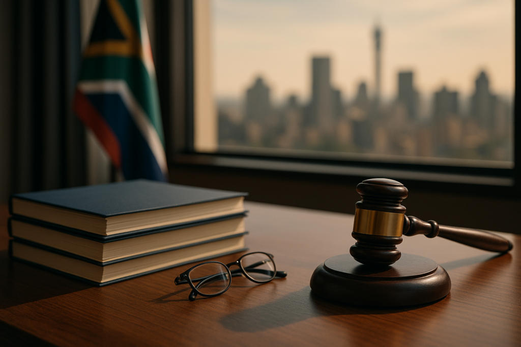A South African law office desk with a gavel and legal documents, symbolising sequestration and insolvency proceedings