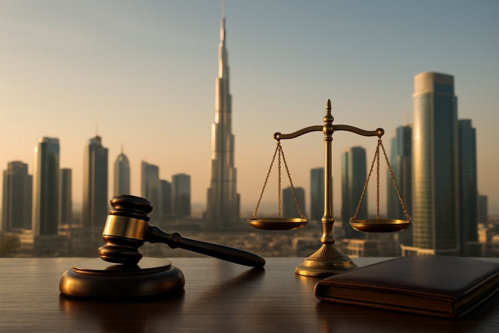 Dubai skyline at golden hour with a gavel and scales of justice on a desk, representing declaring bankruptcy in the UAE